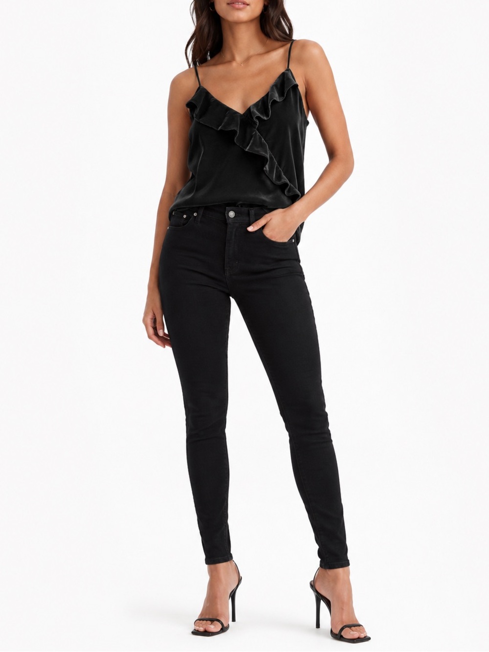 J.Crew Top Blouse Ruffle Black Velvet Size 4 Spaghetti Strap Adjustable V-Neck